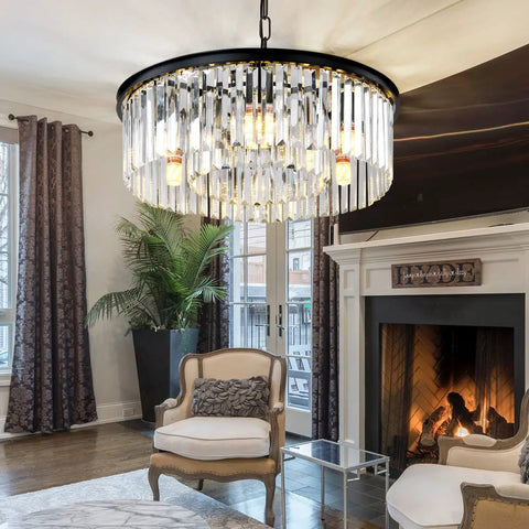2-Tier Black Modern Crystal Chandelier With 6 Lights, 21.6 Inch Diameter Round Flush Mount in elegant living room scene