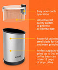 Krups Electric Coffee Grinder With 3 Oz Capacity And 200 Watt Motor Grinds Beans, Spices, And Nuts Easily, showcasing transparent lid and stainless steel body.