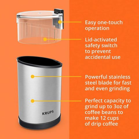 Krups Electric Coffee Grinder With 3 Oz Capacity And 200 Watt Motor Grinds Beans, Spices, And Nuts Easily, showcasing transparent lid and stainless steel body.