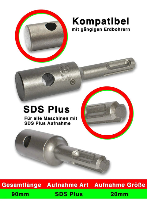Earth Drill Adapter For Auger And Soil Drills With SDS Plus Chuck showing compatibility and design details