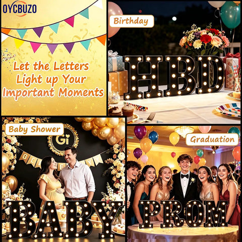 Lit Black Alphabet Marquee Letters Sign With Led Lights at events for birthdays, baby showers, and graduations.