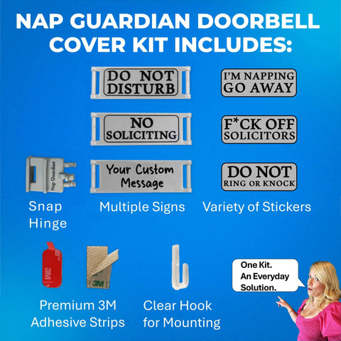 Universal No Soliciting Doorbell Cover That Blocks The Button And Lets You Rotate Do Not Disturb Sign To Stop Ringing For Sleep Work From Home Naps And Quiet Moments Without Interruptions, blue kit graphic