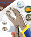 Upgraded Snap Button Kit Tool With Three Dies Heavy Duty Fastener held in hand, used for repairing fabric and canvas.