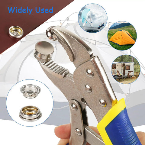 Upgraded Snap Button Kit Tool With Three Dies Heavy Duty Fastener held in hand, used for repairing fabric and canvas.