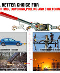 Heavy Duty 11,000 Lbs Come Along Winch With 12 Ft Steel Cable And 3 Hooks shown in various jobsite applications.