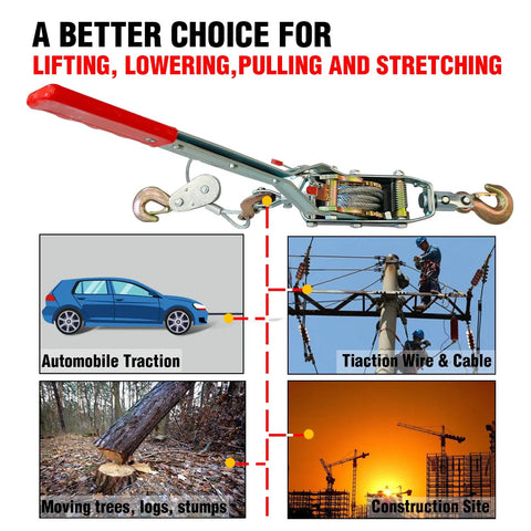 Heavy Duty 11,000 Lbs Come Along Winch With 12 Ft Steel Cable And 3 Hooks shown in various jobsite applications.