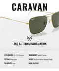 Square Shape Non-Polarized Sunglasses for Men and Women With G-15 Green Lens and gold frame, side view with fitting info