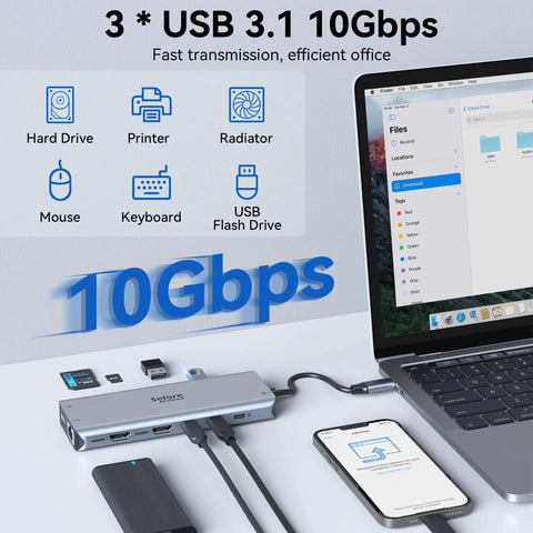Triple Monitor USB C Docking Station 13-In-1 Hub With Dual HDMI And DisplayPort 100W Power Delivery connected to laptop
