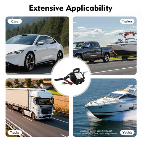 Heavy Duty 12V Electric Winch With 5000 Lift Capacity And 300W Copper Motor showing vehicles including cars, trucks, trailers, and yachts.