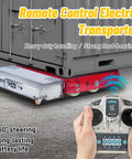 25 Ton Heavy Duty Remote Control Machinery Skates Smart Wireless Electric Mover with 360 Swivel Wheels positioned under a container.