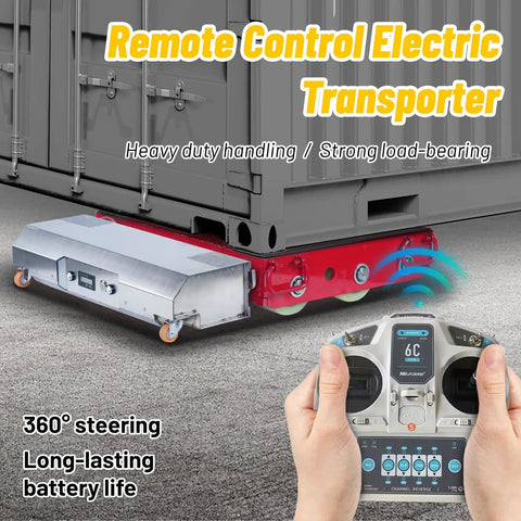 25 Ton Heavy Duty Remote Control Machinery Skates Smart Wireless Electric Mover with 360 Swivel Wheels positioned under a container.