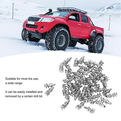 Heavy Duty Double Head Tire Studs 50 Pc Pack Tungsten Steel Anti Skid Screws for Trucks Forklifts on snowy terrain.