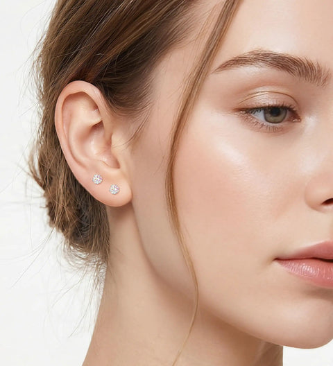 4 Pairs Screw Back Stud Earrings Set For Women Hypoallergenic 316L Stainless Steel And 14K Gold Blend 20G Flat Back Earrings Opal Heart Star Crystal Ball Cartilage Jewelry Pack Dope Everyday Accessory on model wearing small crystal studs