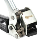 Close-up of Rock Solid Steel Strapping Tensioner Tool For Pallet Packaging Banding showing metal mechanism and handle.