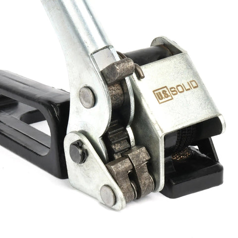 Close-up of Rock Solid Steel Strapping Tensioner Tool For Pallet Packaging Banding showing metal mechanism and handle.