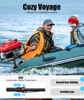 Two people on a boat powered by Four-Stroke 7.5HP Gas Outboard Motor with forced air cooling, easy start, boss-level torque