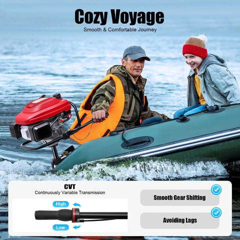 Two people on a boat powered by Four-Stroke 7.5HP Gas Outboard Motor with forced air cooling, easy start, boss-level torque