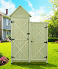 Outdoor Storage Cabinet With Waterproof Metal Roof And Wooden Vertical Design, Tall Garden Tool Shed, Green Finish in garden.