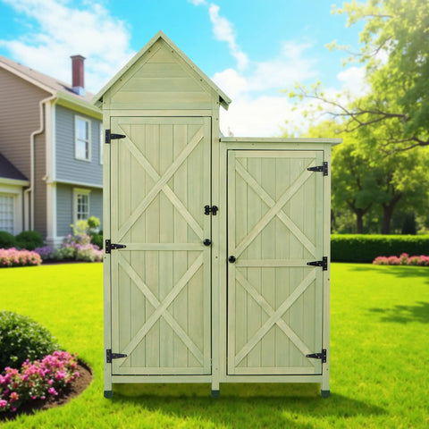 Outdoor Storage Cabinet With Waterproof Metal Roof And Wooden Vertical Design, Tall Garden Tool Shed, Green Finish in garden.