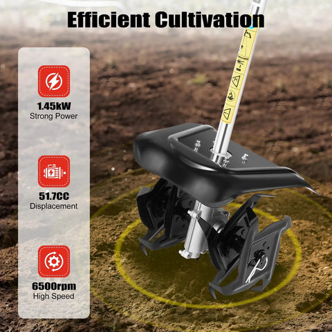 Close-up of Gas Powered Tiller Cultivator With 51.7Cc 2 Stroke Engine showing engine details and cultivation capability