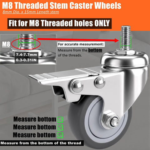 M8 Threaded Stem Caster Wheels showing 8mm Dia x 15mm Length stem; fit for 2 Inch M8-1.25 Metric Caster Wheels With Locking Brakes Set Of 4 TPR Swivel Casters.