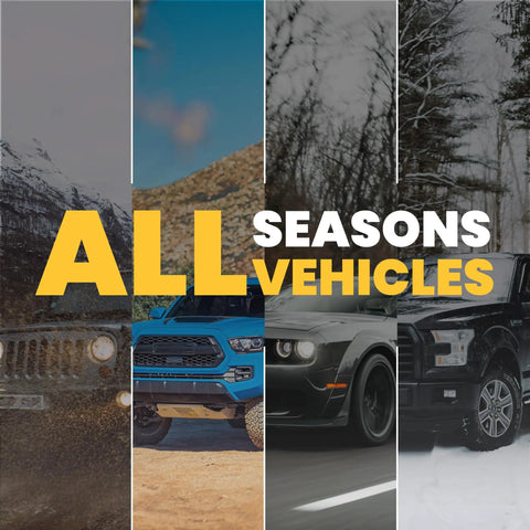 Various All Seasons Vehicles, including trucks and SUVs, for all terrains and weather conditions.