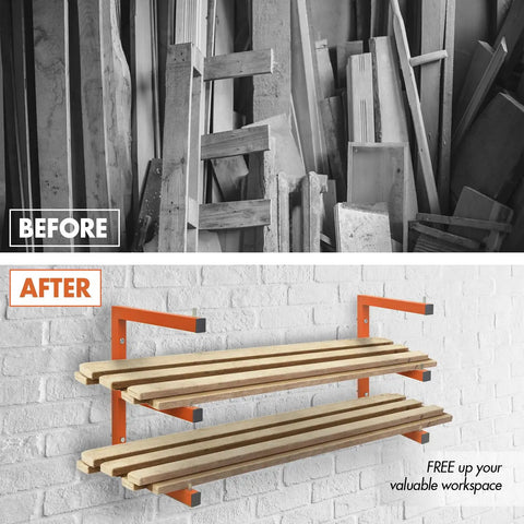 Heavy Duty 3 Level Wall Mounted Lumber Storage Rack Made Of Steel For Garage Workshop And Shed Space Saving Wood Rack Organizer For Large Tools And Materials Beefed Up 6 Pack installed on white wall