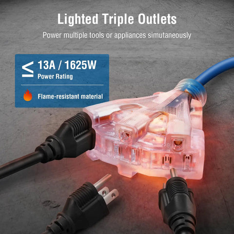 Long Reach 50 Ft Retractable Extension Cord Reel With 14AWG SJTOW Cable heavy duty power cord with lighted triple tap outlet
