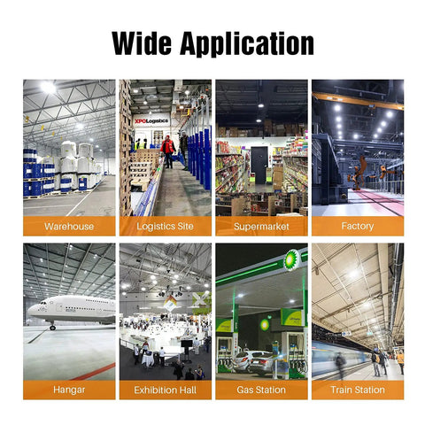 2 Pack 100W LED High Bay Lights For Garage, Shop And Warehouse, 5000K Daylight, 13000 Lumens in various locations like warehouse and factory
