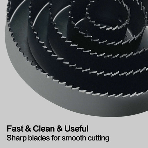 GMTOOLS 19-piece hole saw kit blades; close-up view of stacked black metal circular blades with sharp teeth for wood/PVC