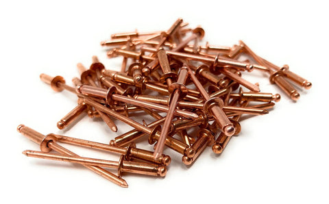 Pile of Copper Pop Rivets 1 Eighth Inch Diameter Dome Head Blind Rivets With Copper Mandrel, 4-4 Grip Range, 100 Pack