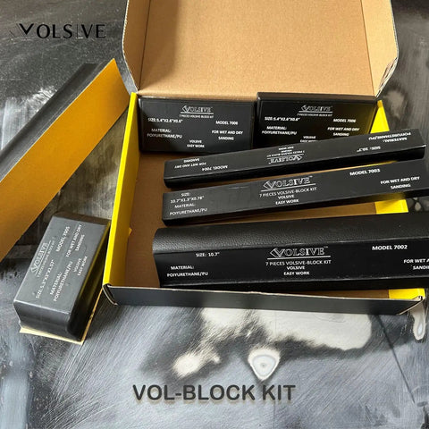 Pro Grade Set Of 7 Hand Sanding Blocks With PSA Base Auto Body Sanding Kit Long Panel Sander Flexible For Automotive Paint And Woodworking Sand Furniture Black displayed in an open box, revealing various sizes.