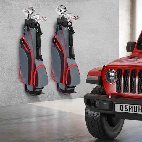 Wall Mount Golf Bag Storage Rack With Air Spring Sliding System Space Saving Golf Bag Holder in garage with red SUV