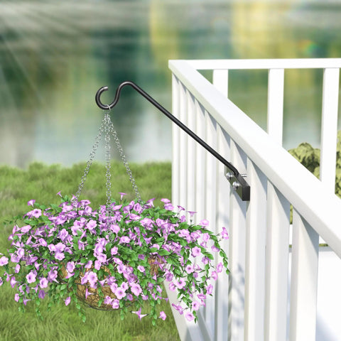 Heavy Duty Deck Hook Railing Bird Feeder Hanger With Rustproof Coating for Flower Baskets, showcasing flowers hanging on a railing