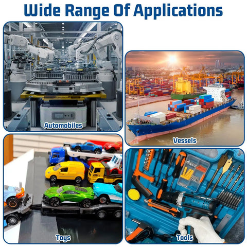 Wide range of applications for automobiles, vessels, toys, and tools in a collage of diverse industrial and hobby uses.