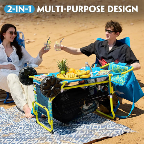 Two In One Beach Cart With Big Wheels For Sand Folding Utility Wagon With Chair Holder Cooler Bag Mesh Storage set on a beach