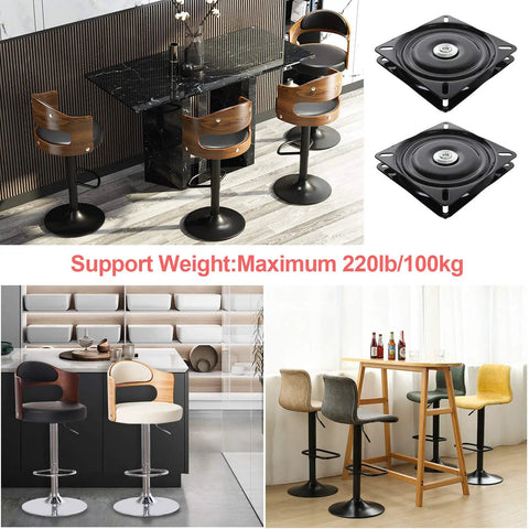 Heavy Duty 7 Inch Square Bar Stool Swivel Plate For Buttery Smooth 360 Degree Spin With Rust Proof Steel And No Skip Roll Perfect Rock Solid Seat Base Swap For Recliners And Kitchen Counters In Easy Two Pack with bar stools and swivel plates displayed.