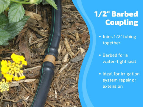 Half Inch Drip Irrigation Coupling Fittings 12 Pack Barbed Connectors for Repairing and Extending Drip Lines in garden soil