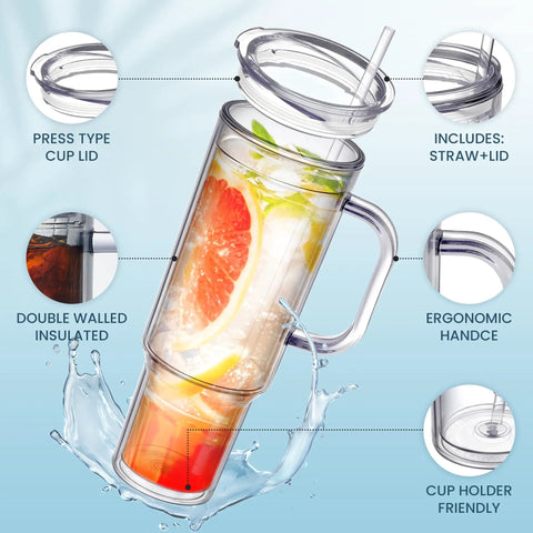 40 Oz Clear Double Wall Acrylic Tumbler With Handle And Straw Lid Reusable Water Bottle Fits Cup Holders BPA Free showing ice and fruit.