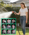 Woman using No Fuss Retractable Garden Hose Reel With Five Eighth Inch Hose 100 Feet 3 Ply Reinforced Lock Nine Spray Nozzle