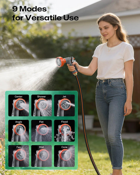 Woman using No Fuss Retractable Garden Hose Reel With Five Eighth Inch Hose 100 Feet 3 Ply Reinforced Lock Nine Spray Nozzle