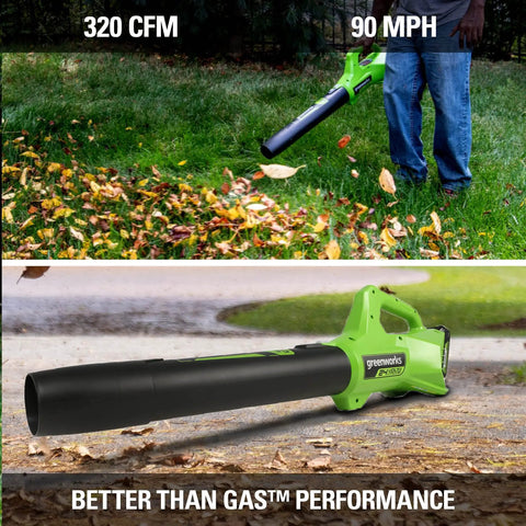 Give Your Lawn That Righteous Glow Up With This Badass 24V Cordless Combo Kit Packing A 12 Inch String Trimmer And Blower With Auto Feed Head For Zero Sweat Outdoor Yard Work. A person uses a 24V leaf blower on a lawn.
