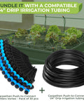 30 Pcs Drip Irrigation Emitters With Push To Connect Adjustable 360 Degree Drip Emitters On Six Inch Stake displayed with tubing
