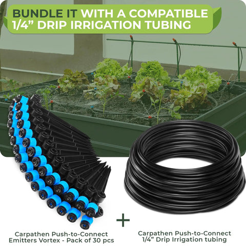 30 Pcs Drip Irrigation Emitters With Push To Connect Adjustable 360 Degree Drip Emitters On Six Inch Stake displayed with tubing