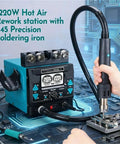 Pro Grade Soldering and Hot Air Rework Station with 992D III Iron in use on electronics PCB board.