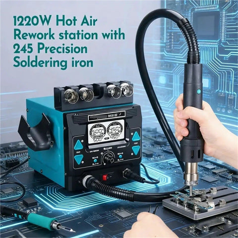 Pro Grade Soldering and Hot Air Rework Station with 992D III Iron in use on electronics PCB board.