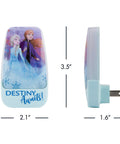 Frozen LED Night Light Featuring Anna And Elsa Sensor Plug In Dusk To Dawn Auto On Off Cozy Glow Vibe For Bedroom Nursery Bathroom And Kids Playroom UL Certified Girls Room Decor, front and side view with dimensions.