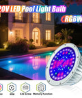 Color Changing LED Pool Light Bulb For Inground Pools 120V 40W Waterproof Submersible Replacement For 500W Pentair And Hayward Fixtures With IP68 Submersion Rating displayed near a lit pool.