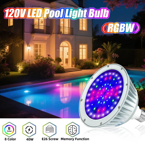 Color Changing LED Pool Light Bulb For Inground Pools 120V 40W Waterproof Submersible Replacement For 500W Pentair And Hayward Fixtures With IP68 Submersion Rating displayed near a lit pool.