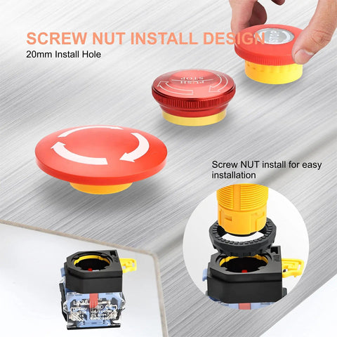 22mm Red Emergency Stop Push Button Switch With Mushroom Head Stop Signal 1NO1NC 600V 10A Type B installation parts